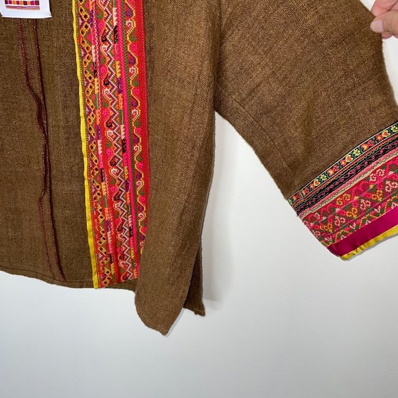 IBU Movement Embroidered Cropped Linen Brown Jacket Handmade - Picture 15 of 16